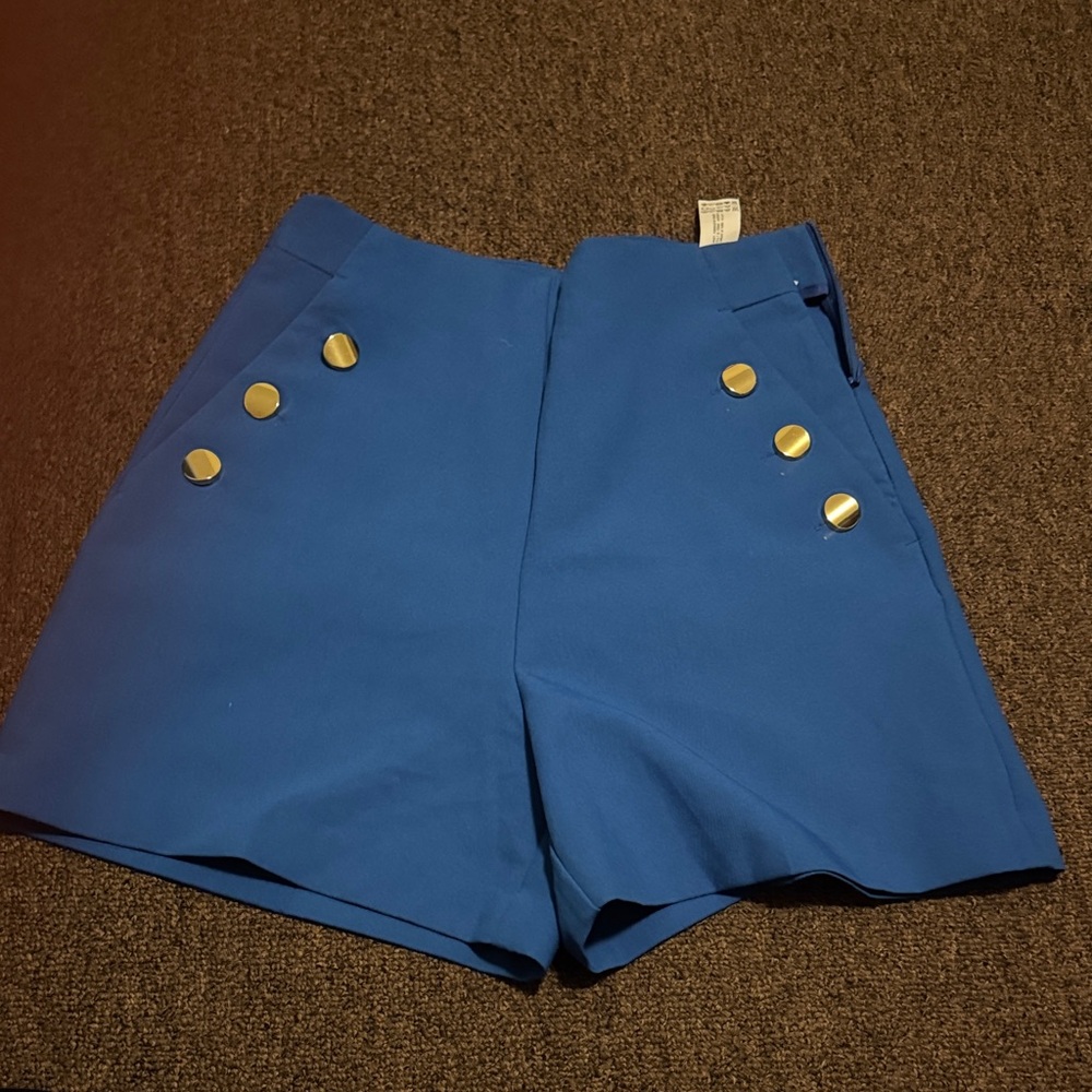 Zara High Waist Blue Shorts with Gold Accents